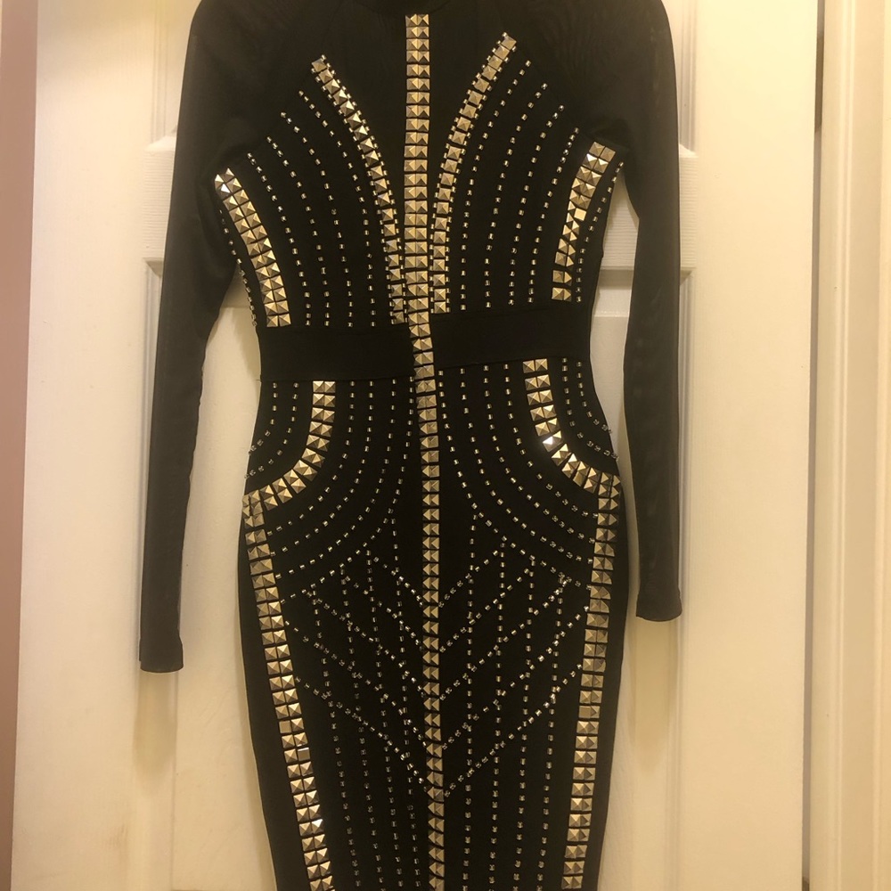 Black mesh studded bandage dress